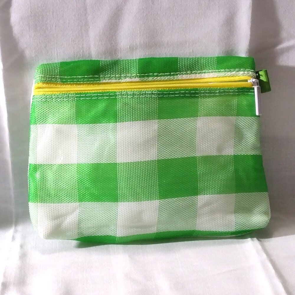 Cosmetic Bag by CLINIQUE - 9"x7"x2" - Green and White Checkered - NEW